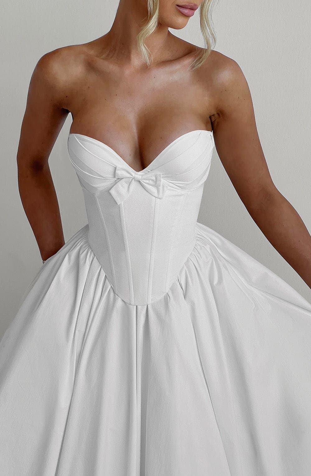 Prim Midi Dress Ivory Strapless Plunge Sweetheart Neckline Lace-Up Back Boned Corset