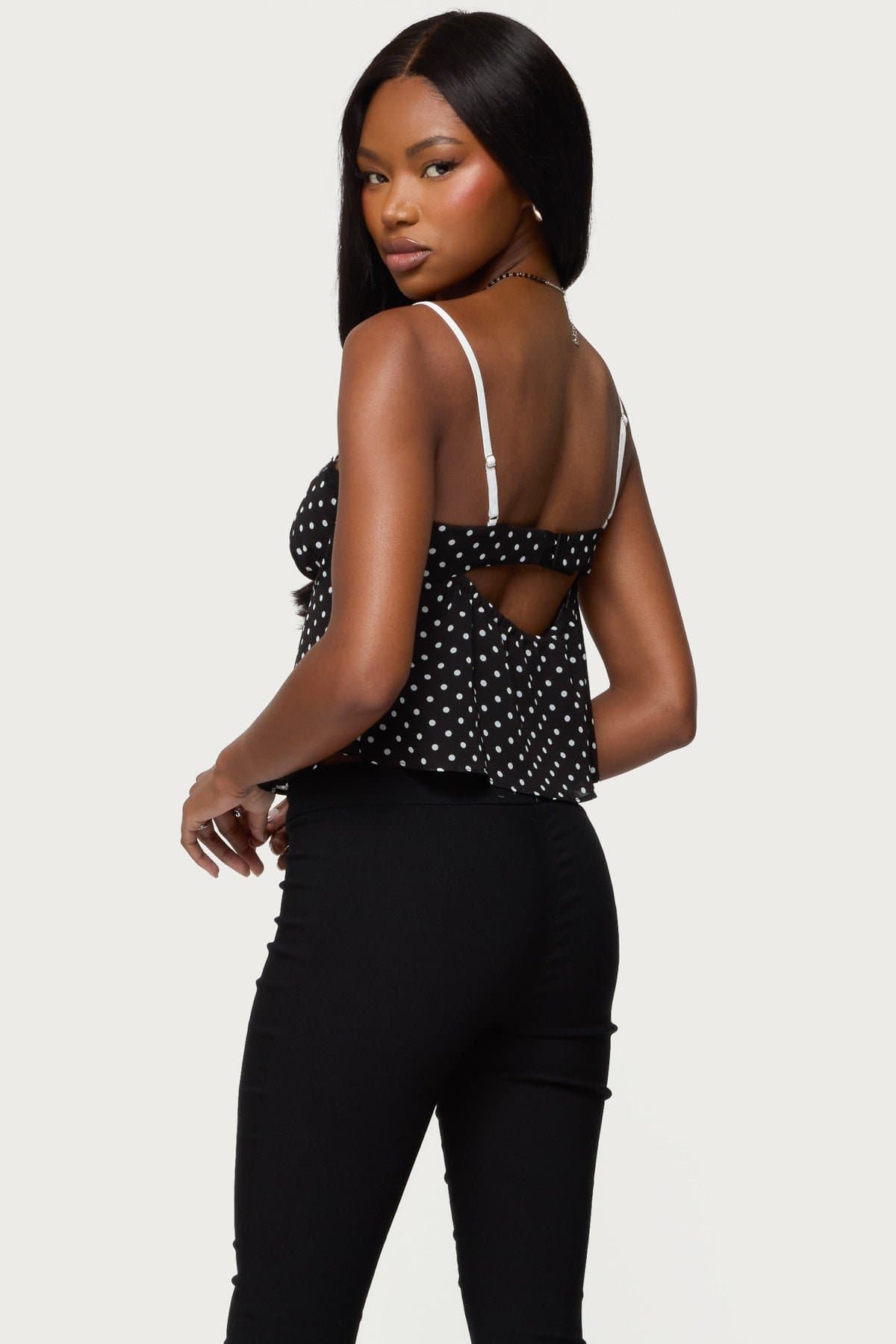 Contrast Polka Dot Cupped Chiffon Bra Top with Adjustable Straps