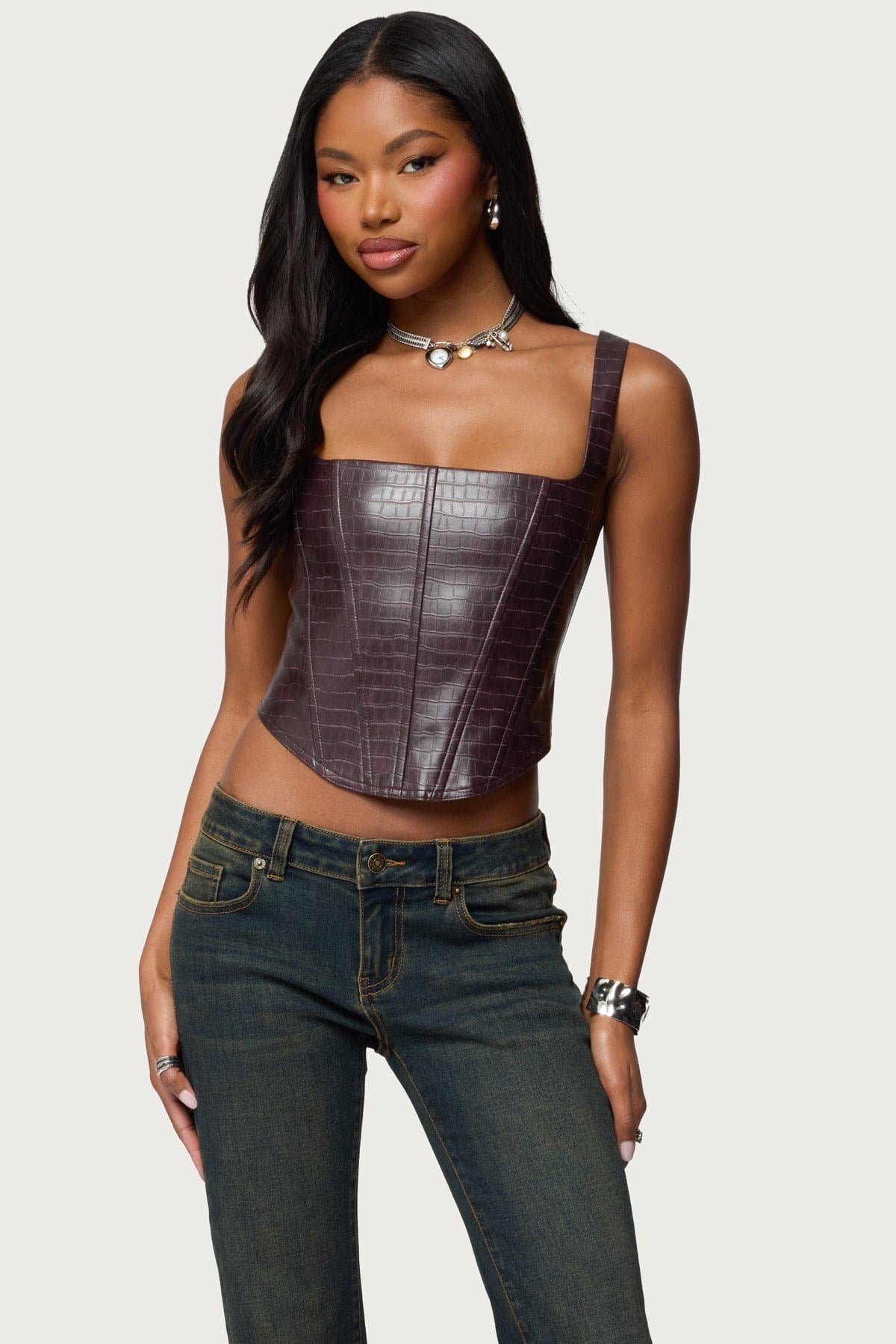 Shana Faux Croc Leather Corset Square Neckline Boned Bodice Lace Up Back Polyurethane Rayon