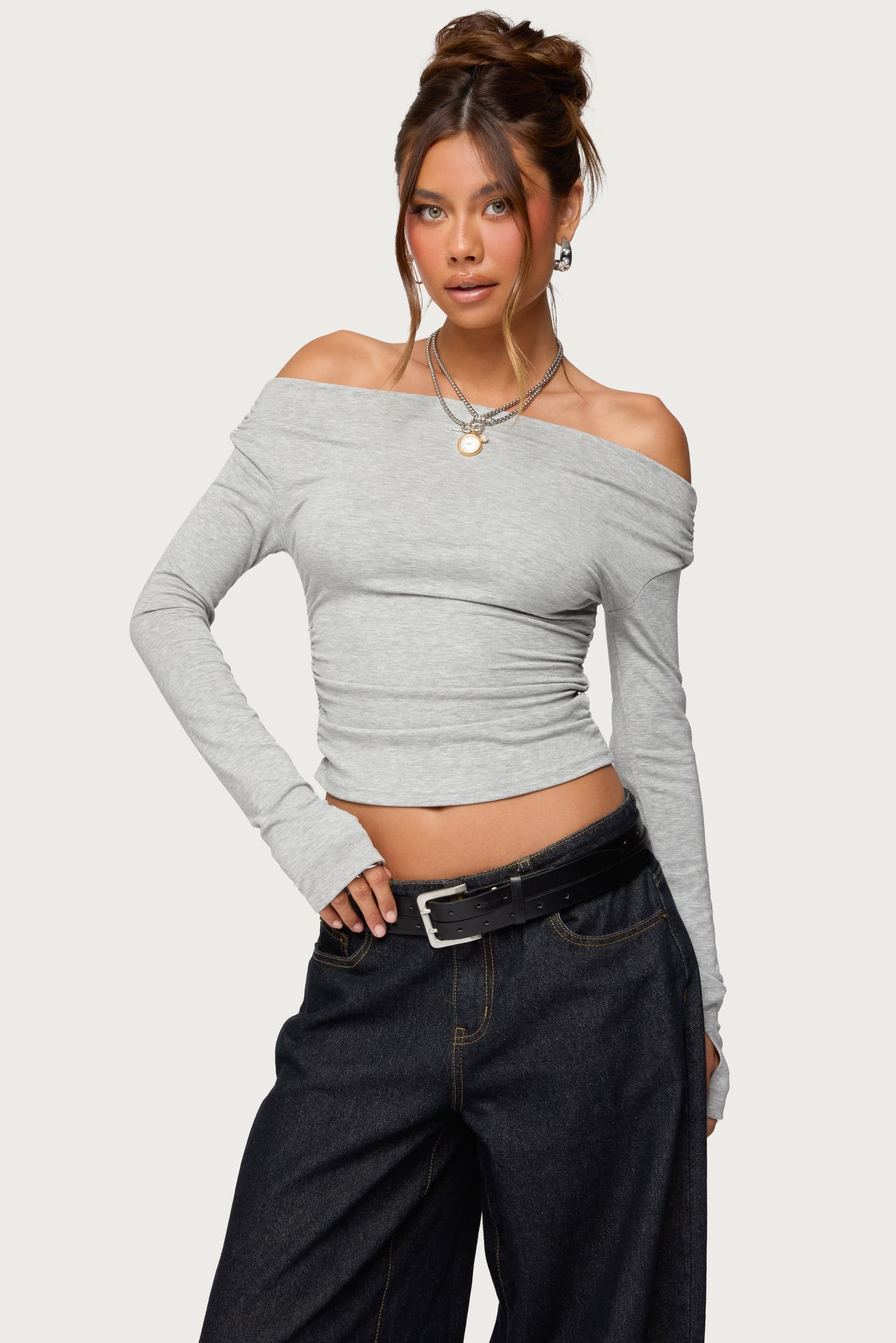 Milane Ruched Off Shoulder Long Sleeve Ribbed Top - Rayon Spandex