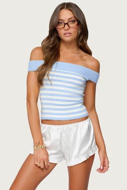 Deni Off Shoulder Striped Knit Top - Rayon Nylon Polyester