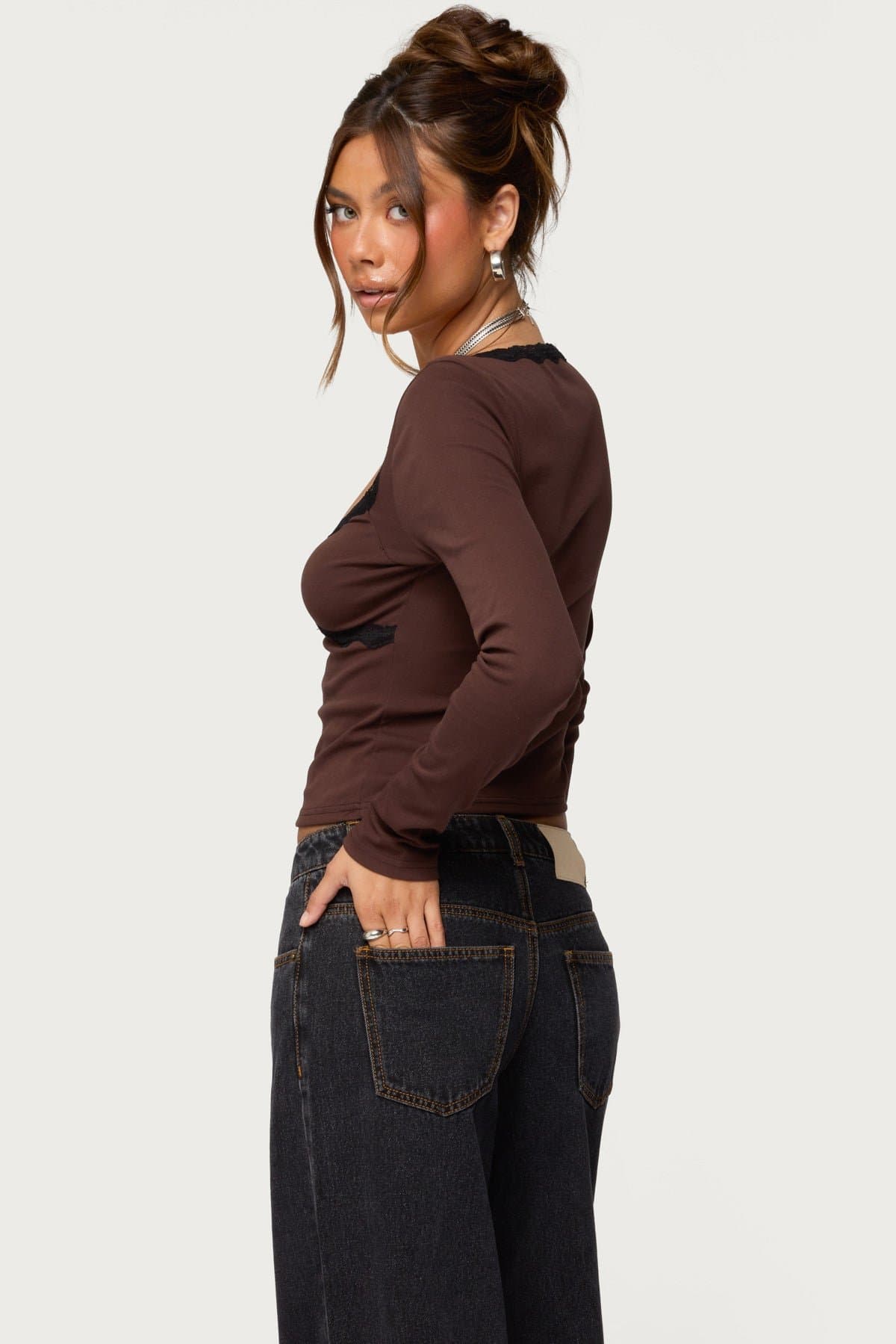 Porta Contrast Lacey Long Sleeve Top - Sweetheart Neckline Cotton Spandex