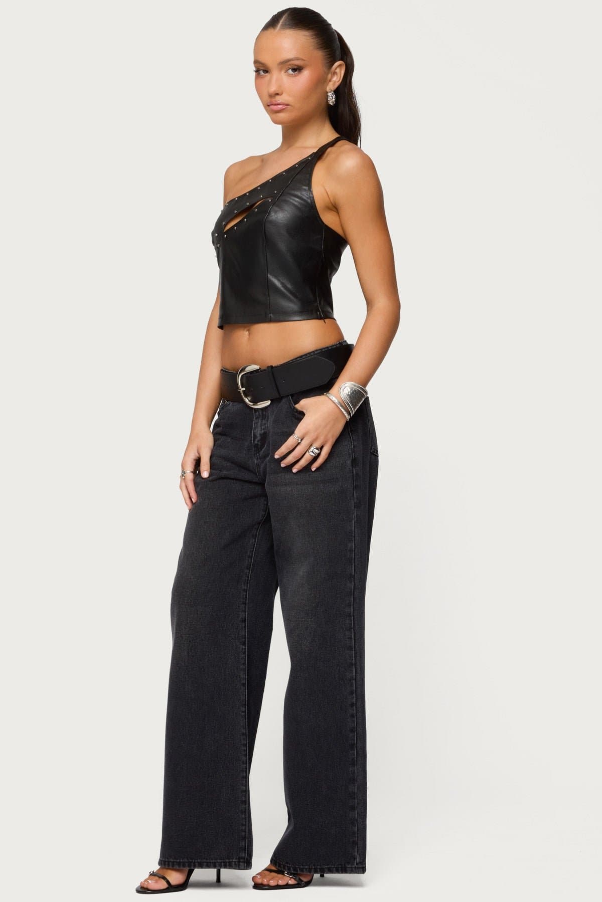 Asymmetric Cutout Faux Leather Top - One Shoulder Adjustable Strap