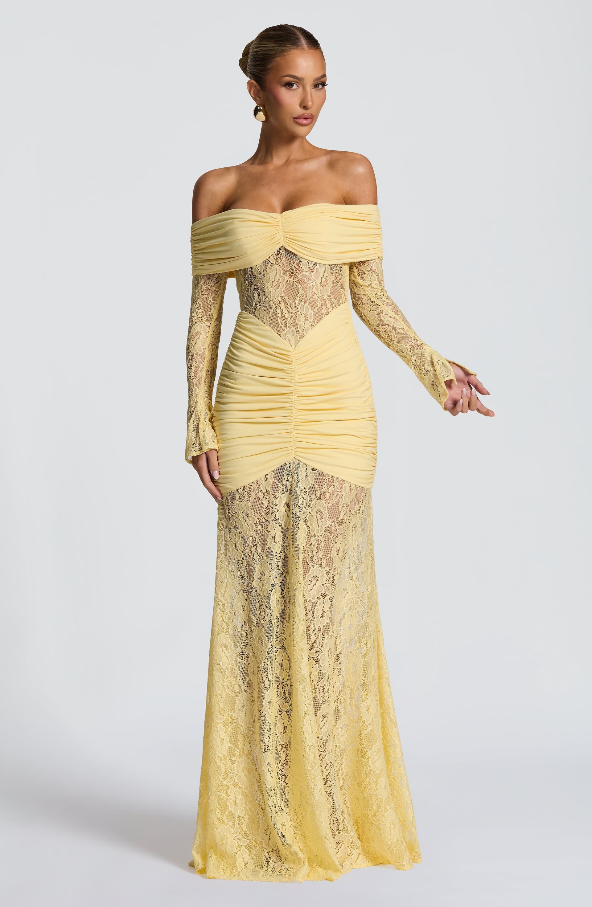 Sauline Maxi Dress in Lemon - Stretch Jersey Floral Lace Long Sleeve