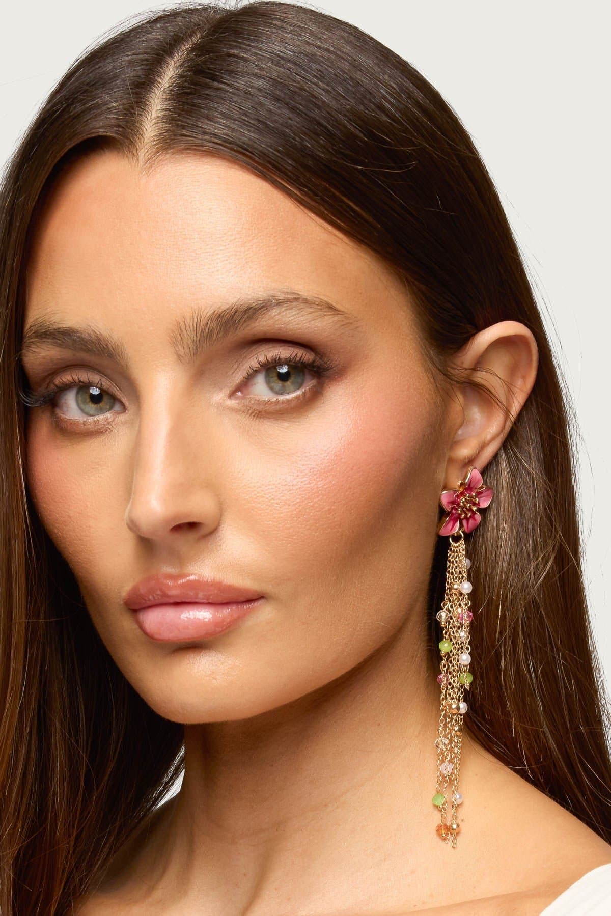 Flower Beaded Dangle Earrings Gold Tone 4.7 Inch Length