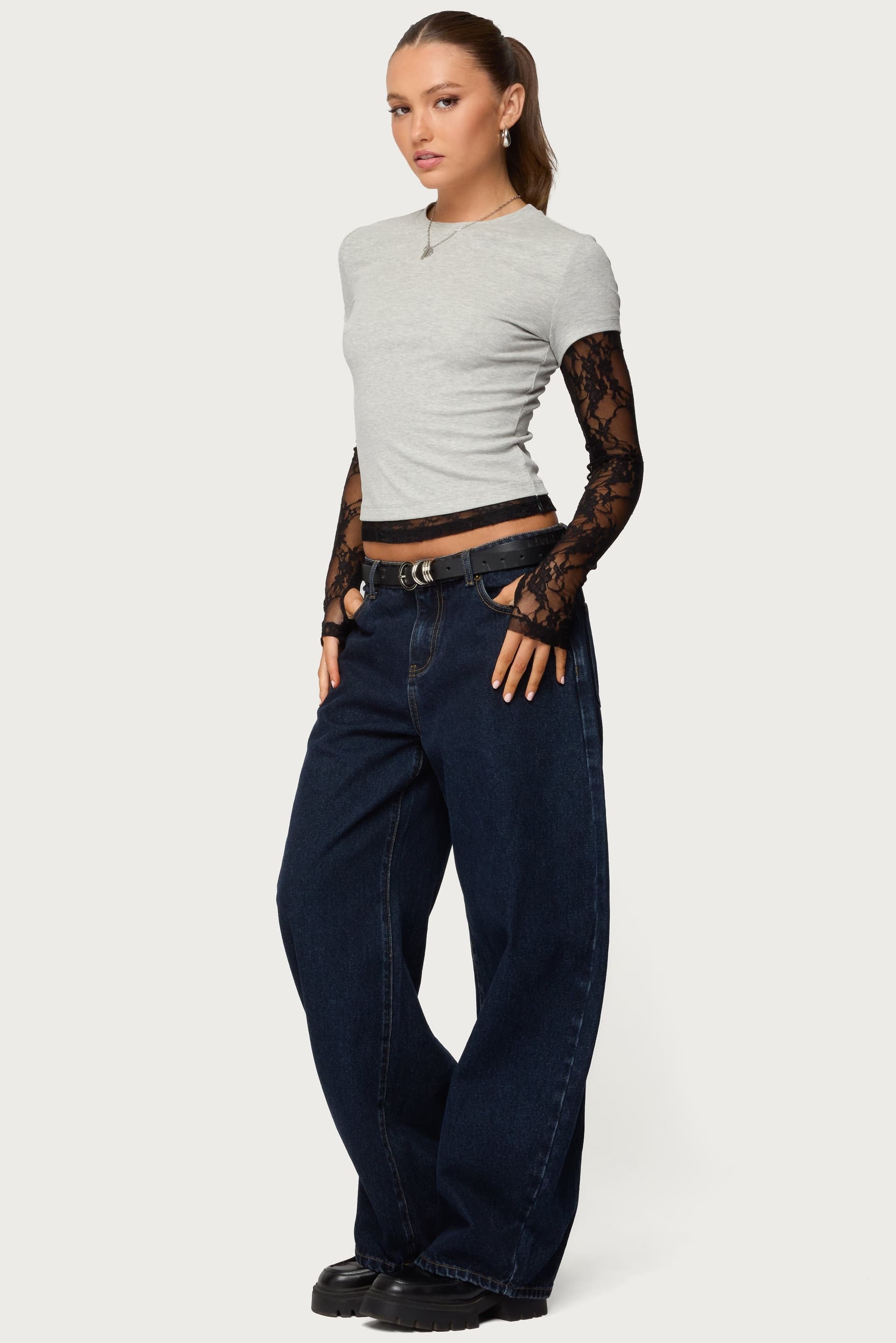 Layered Lace Sleeve Top with Sheer Long Sleeves and Thumb Holes - Cotton Polyester Spandex