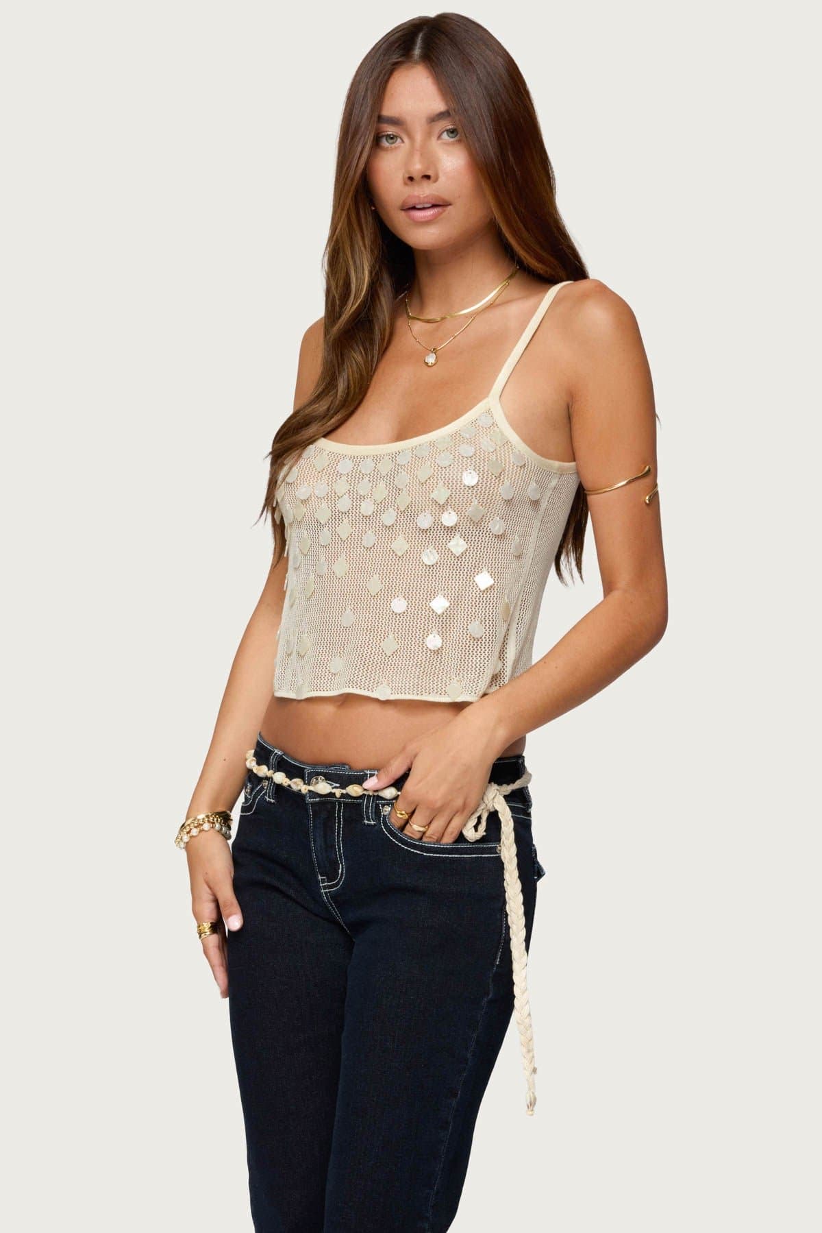Onya Iridescent Sheer Knit Tank Top with Adjustable Straps
