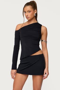 Lucretia Asymmetric Off Shoulder Top - Single Long Sleeve, Ruched Nylon Spandex