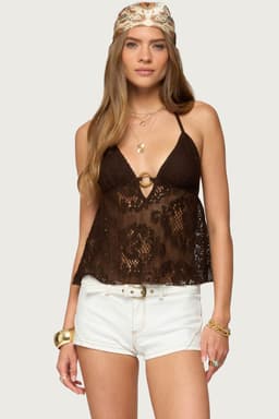 Sheer Crochet Babydoll Halter Top - Deep V Neckline, Back Tie, Lined Bust, Polyester Cotton