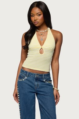 Maylah Keyhole Striped Textured Halter Top - Polyester Spandex