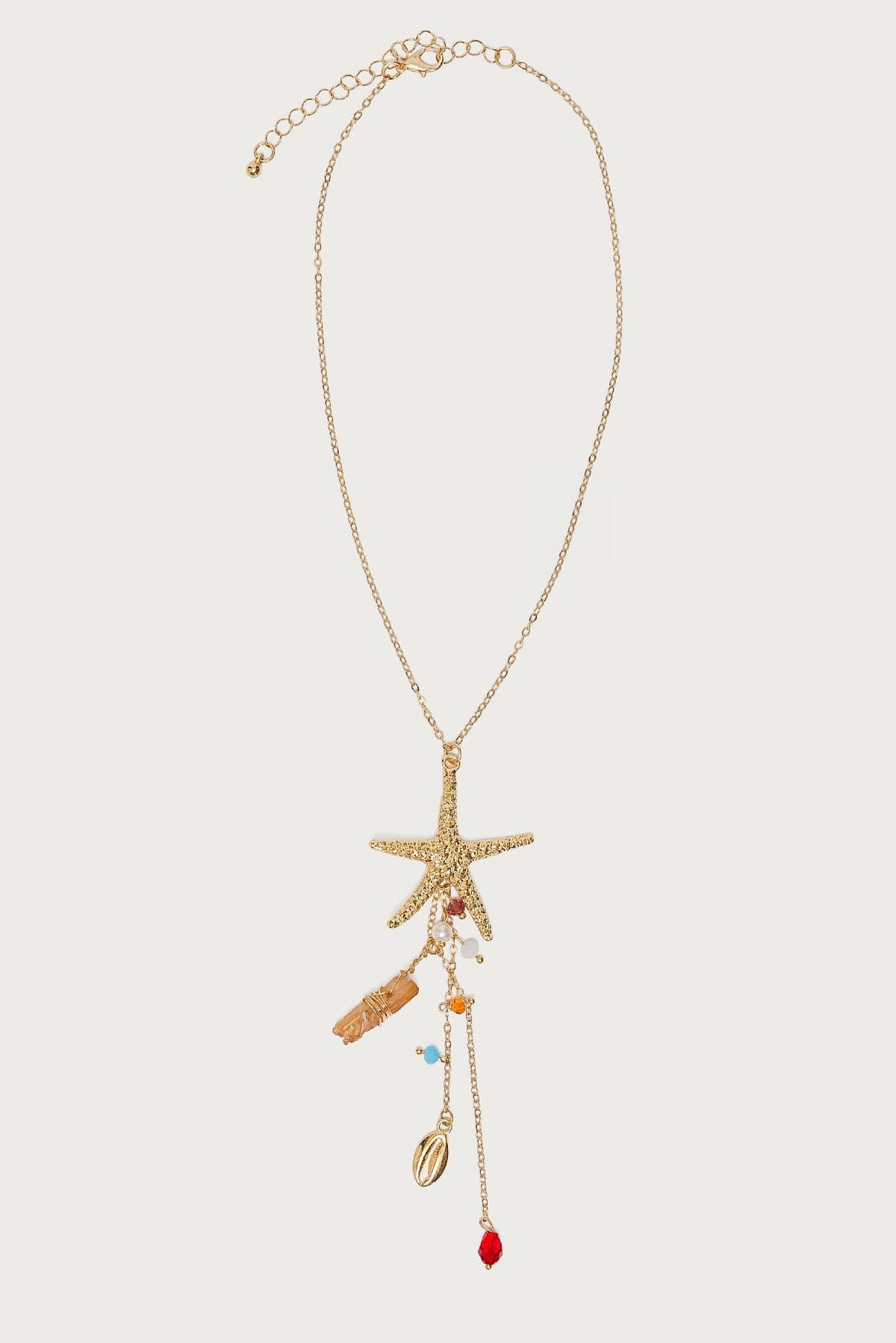 Sea Star Cascading Coastal Necklace - Gold Tone Metal Glass Charms 14.2 Inch