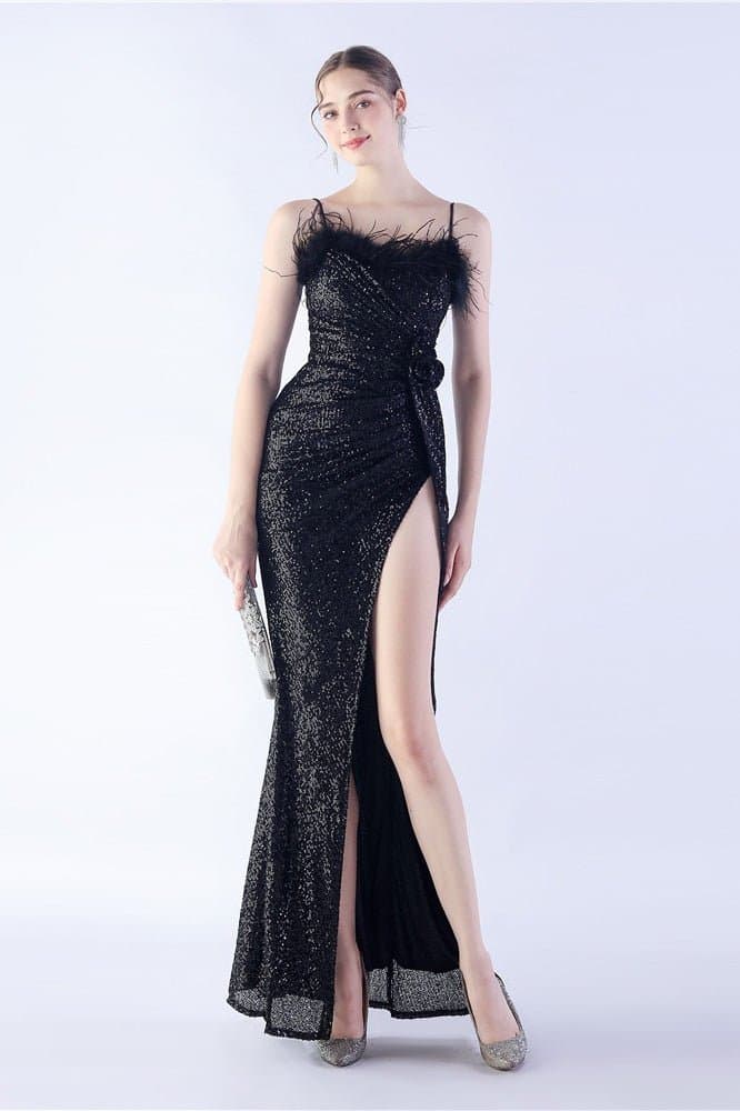 Ostrich Feather Embellished V-Neck Sleeveless Maxi Dress