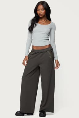 Wrenn Studded Wide Leg Sweatpants - Cotton Polyester, Rolled Hem