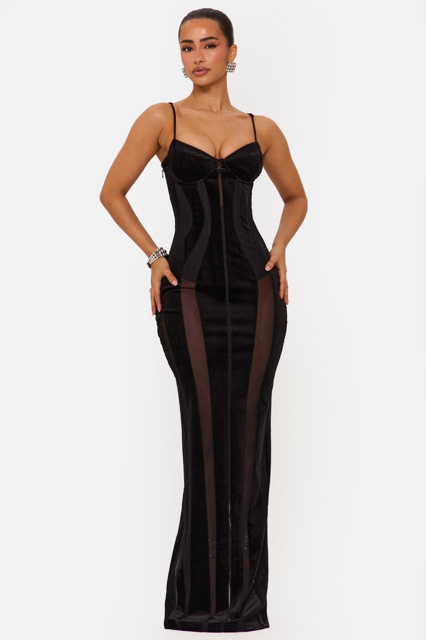 Scandal Velvet Panelled Maxi Dress with Internal Boned Corset