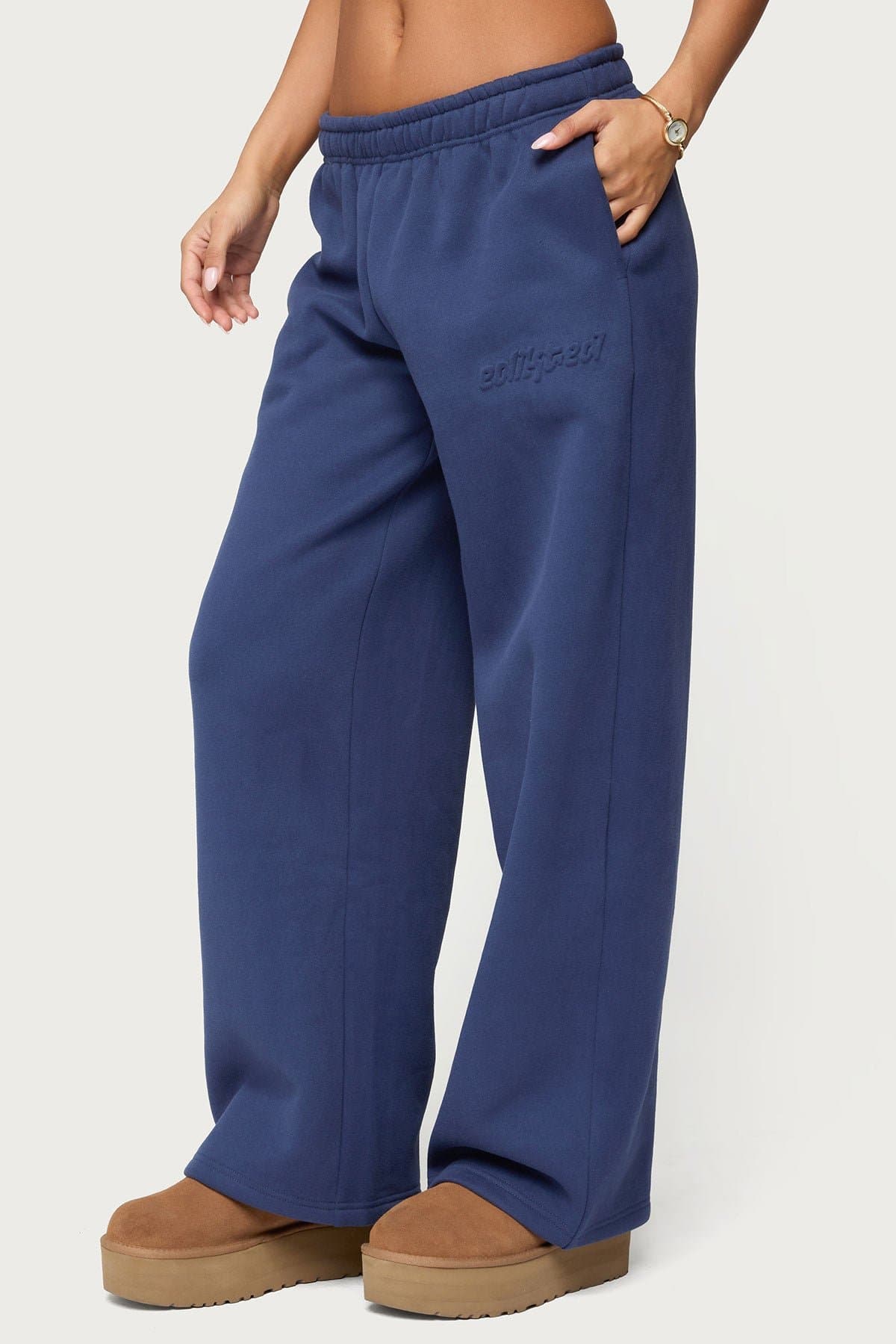 Totally Edikted Wide Leg Sweatpants with Embossed Graphic Polyester Cotton