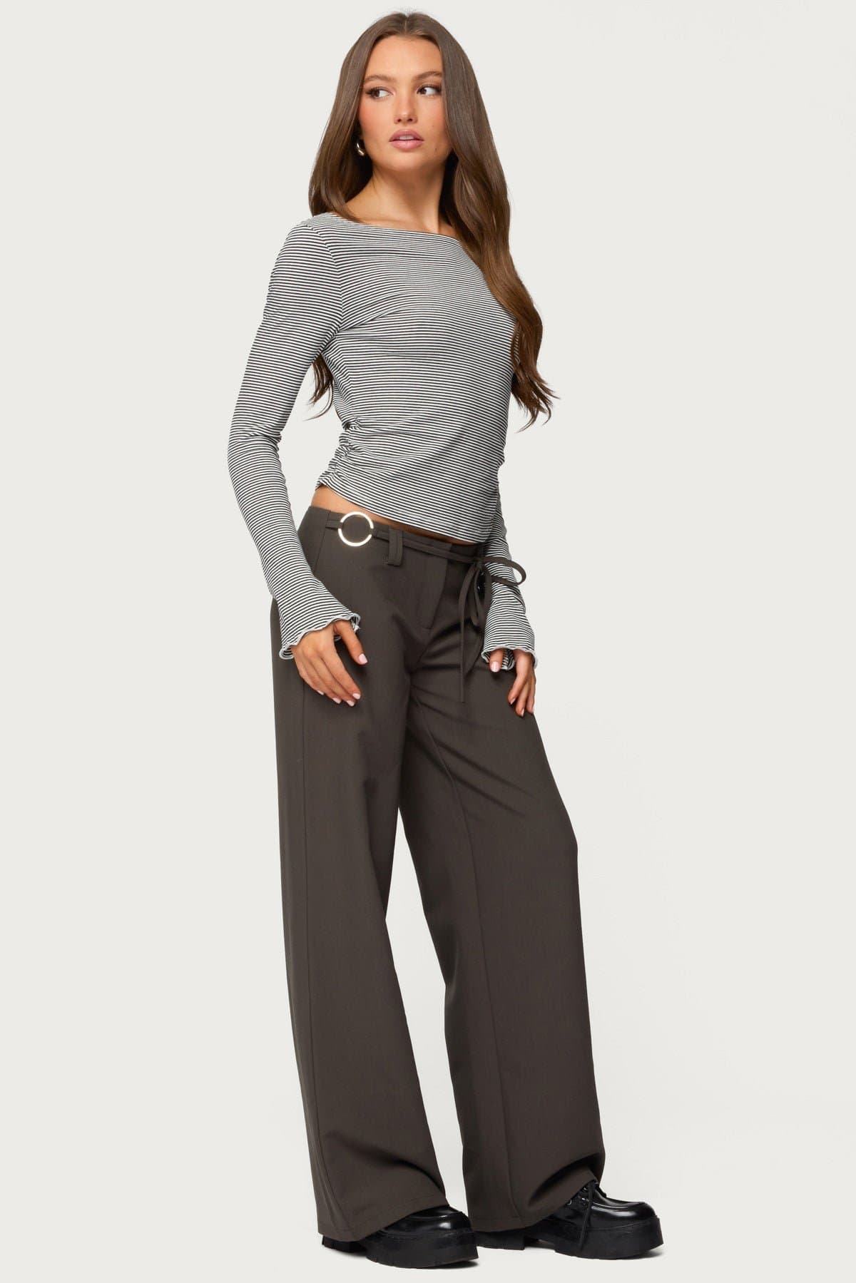 Leyna Striped Off Shoulder Top with Long Sleeves Lettuce Trim Cotton Spandex