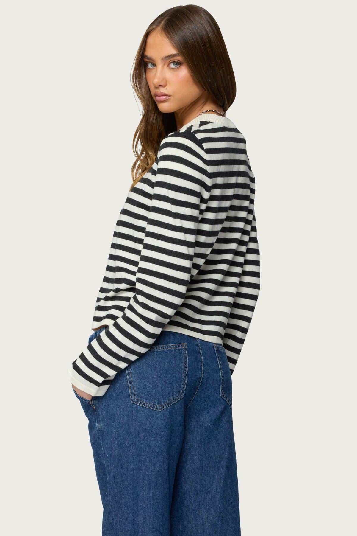 Jenie Split Front Striped Knit Cardigan - Cotton Nylon Ribbed Neckline Button Closure