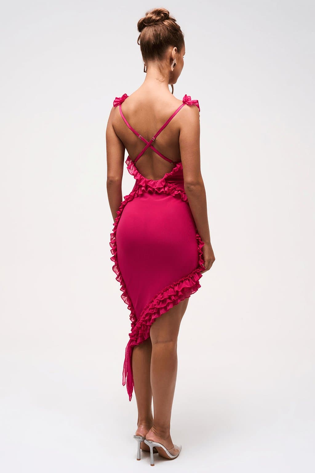 Dahlia Ruffle Detail Asymmetric Mesh Dress in Magenta - Double Layer Stretch