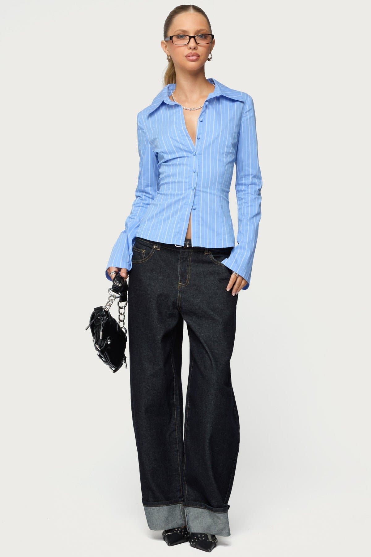 Pinstripe Tailored Button Up Shirt - Cotton Nylon Spandex Long Sleeve Men's