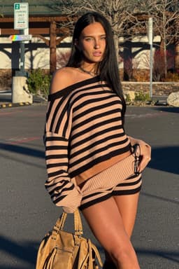 Saphi Striped Oversized Knit Sweater with Contrast Cuffs Acrylic Fabric