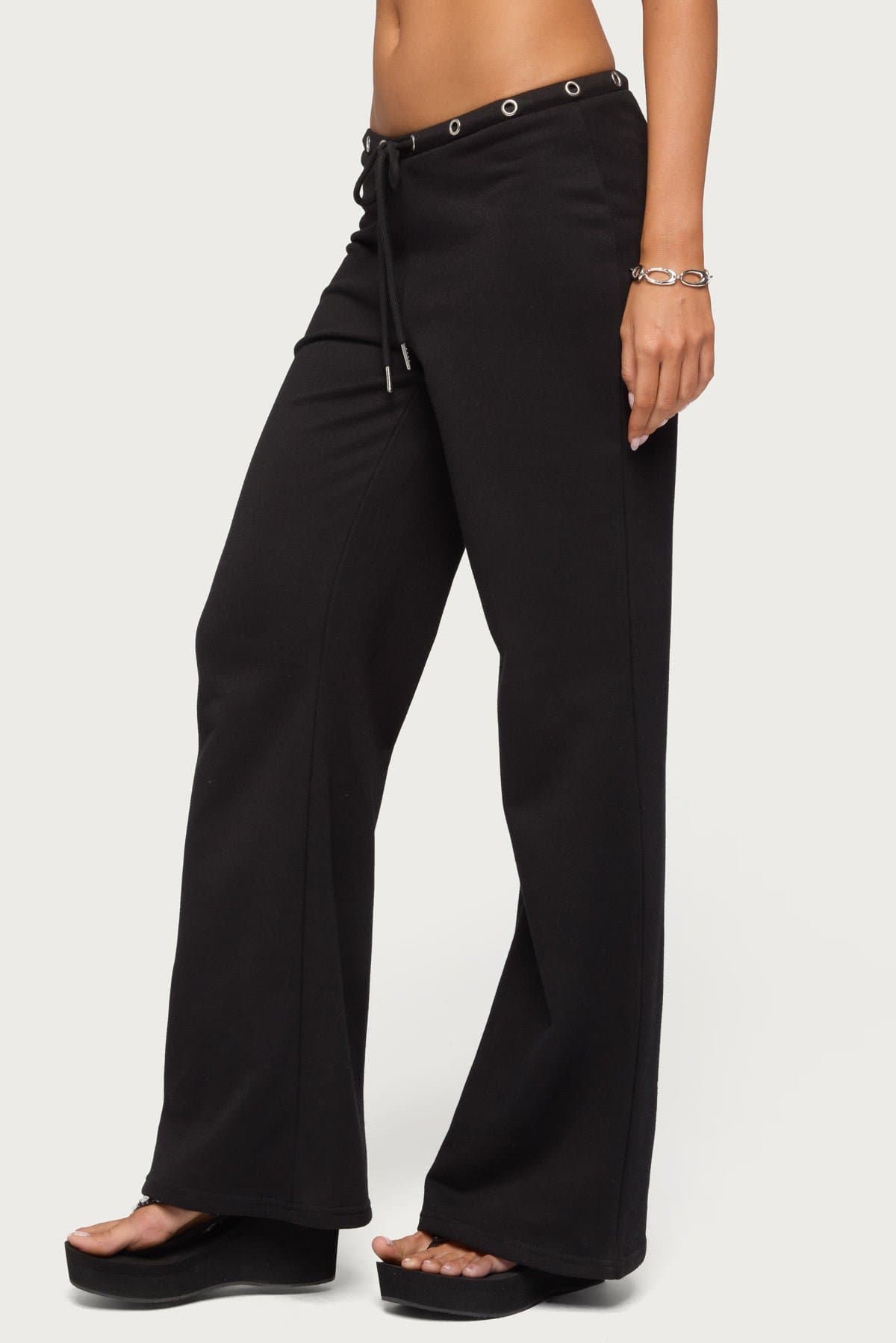 Bronte Grommet Straight Leg Sweatpants - Adjustable Tie Waist, Cotton Polyester
