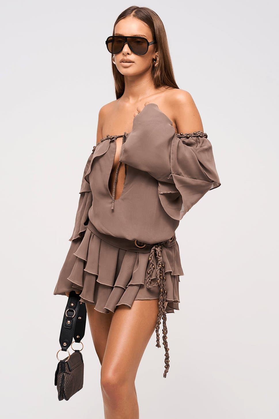 Dixie Bardot Off-Shoulder Chiffon Dress with Keyhole Bust and Plait Details