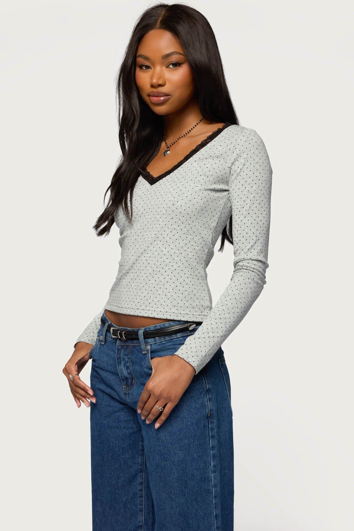 Morah Lacey Polka Dot Long Sleeve V-Neck Top - Cotton Polyester Spandex