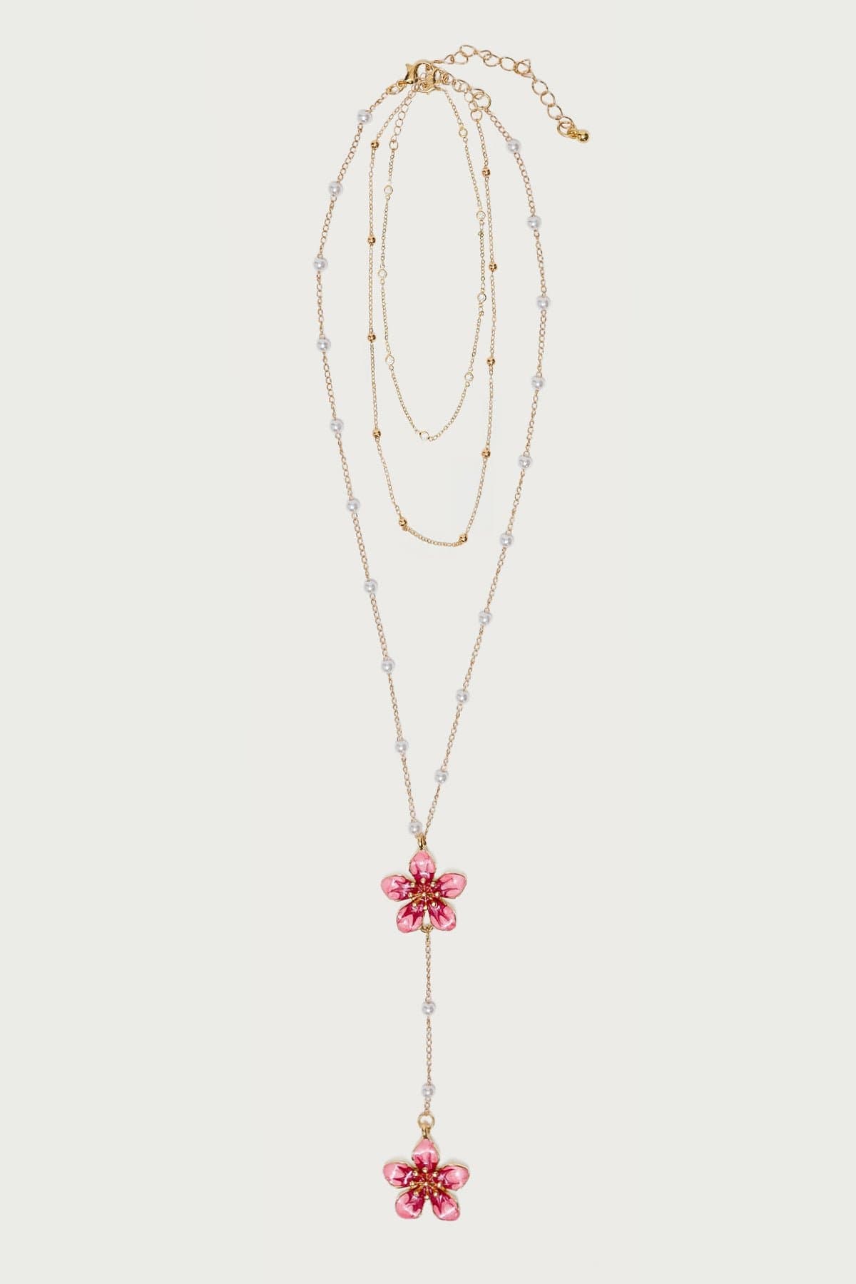 Flower & Pearly Cascading Necklace Gold Tone Adjustable 14.2-18.1in