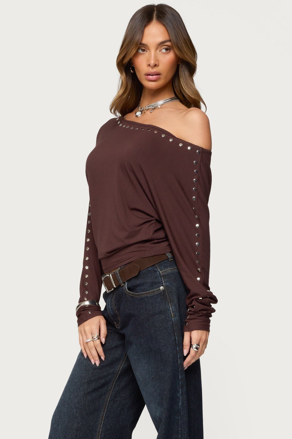 Paola Off Shoulder Stud Top with Long Sleeves and Cinched Waist in Rayon Spandex
