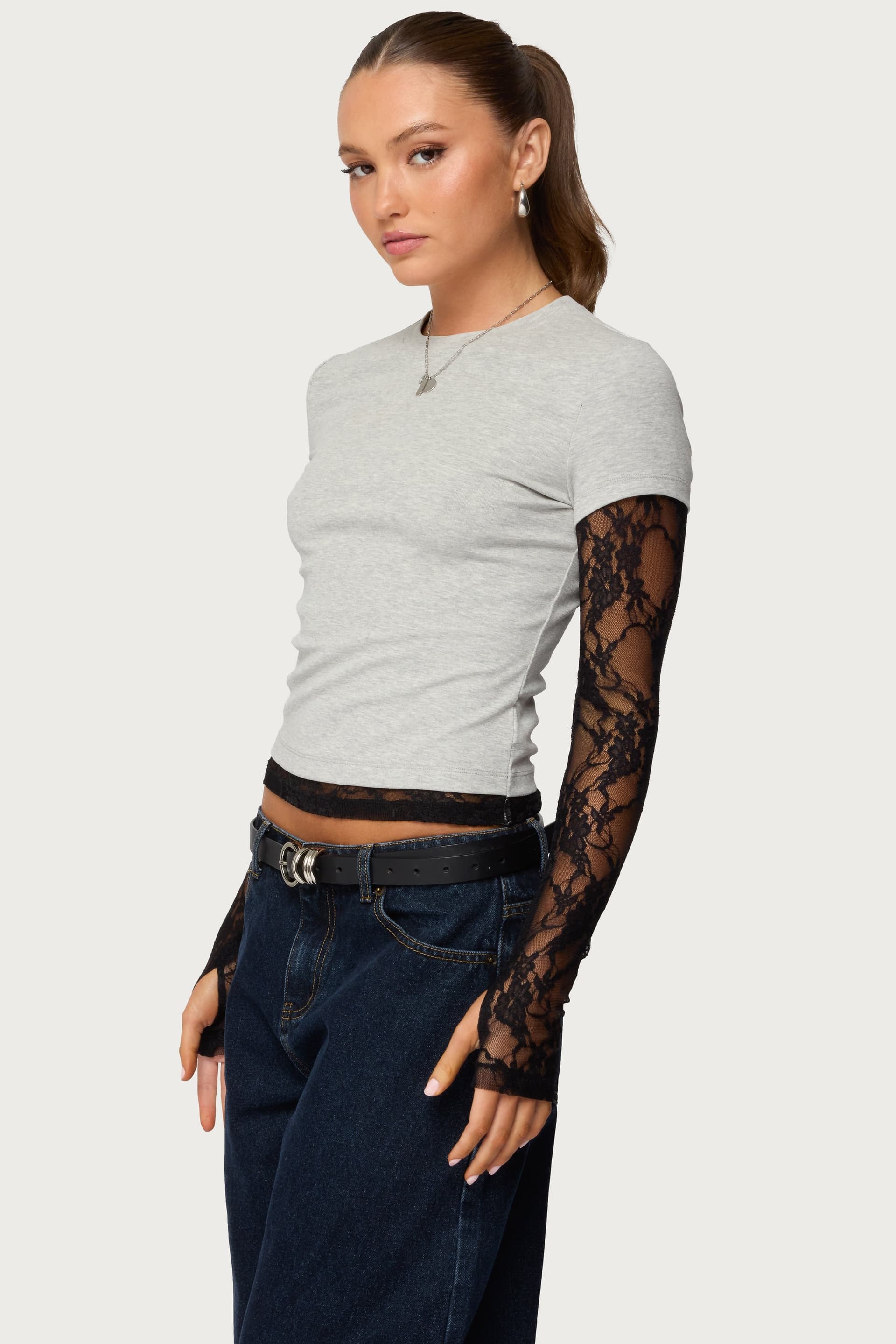 Layered Lace Sleeve Top with Sheer Long Sleeves and Thumb Holes - Cotton Polyester Spandex