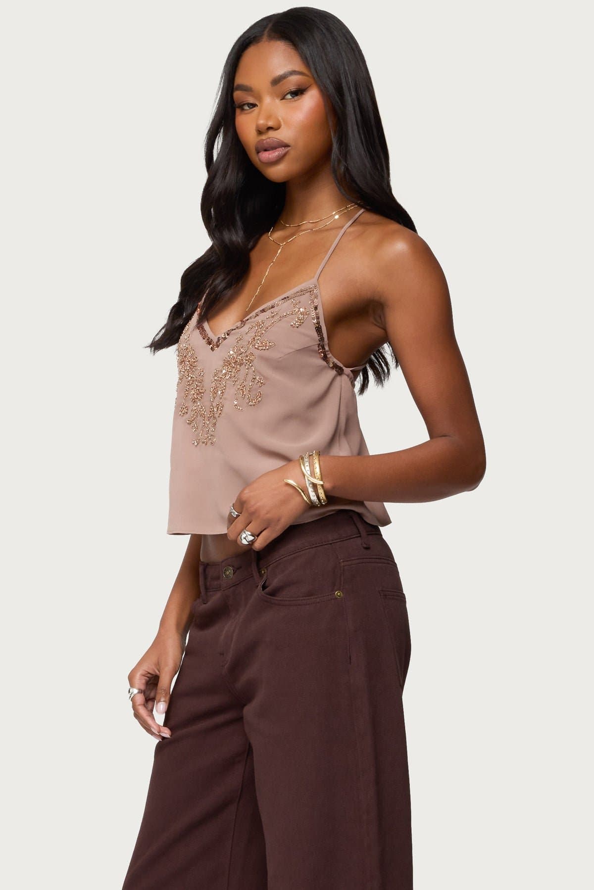 Sorina Embellished V Neck Top with Split Back and Crisscross Design Polyester