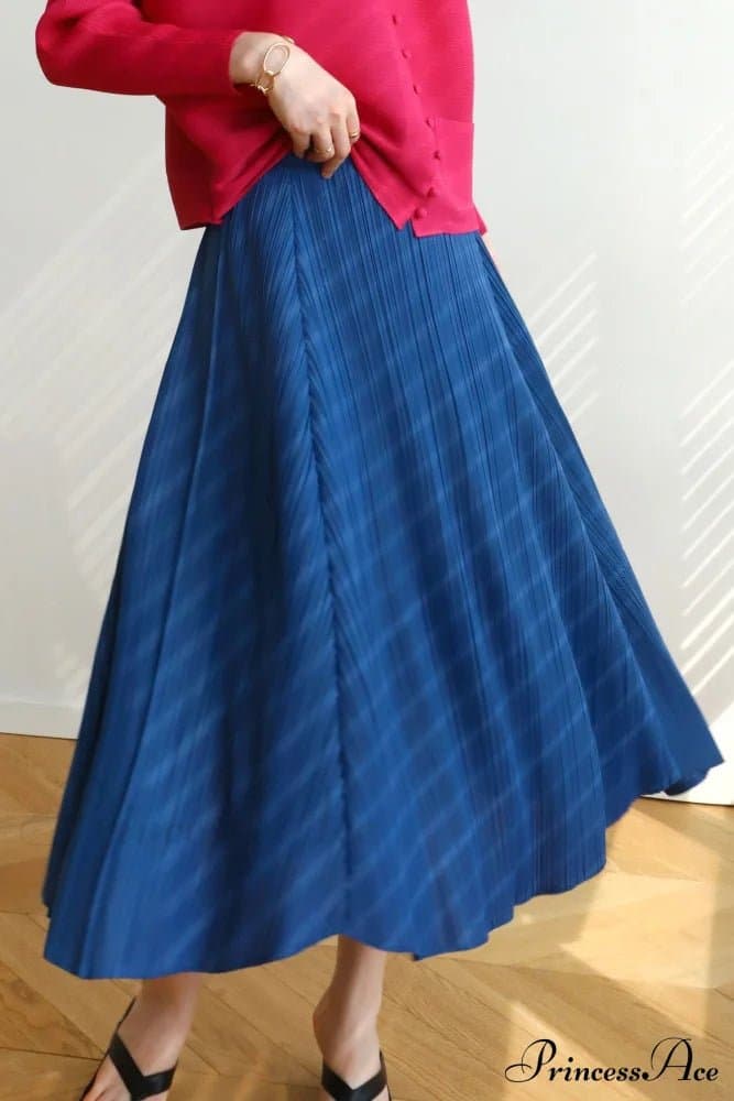 Pleated High Waist Skirt Solid Color Double Layer Polyester