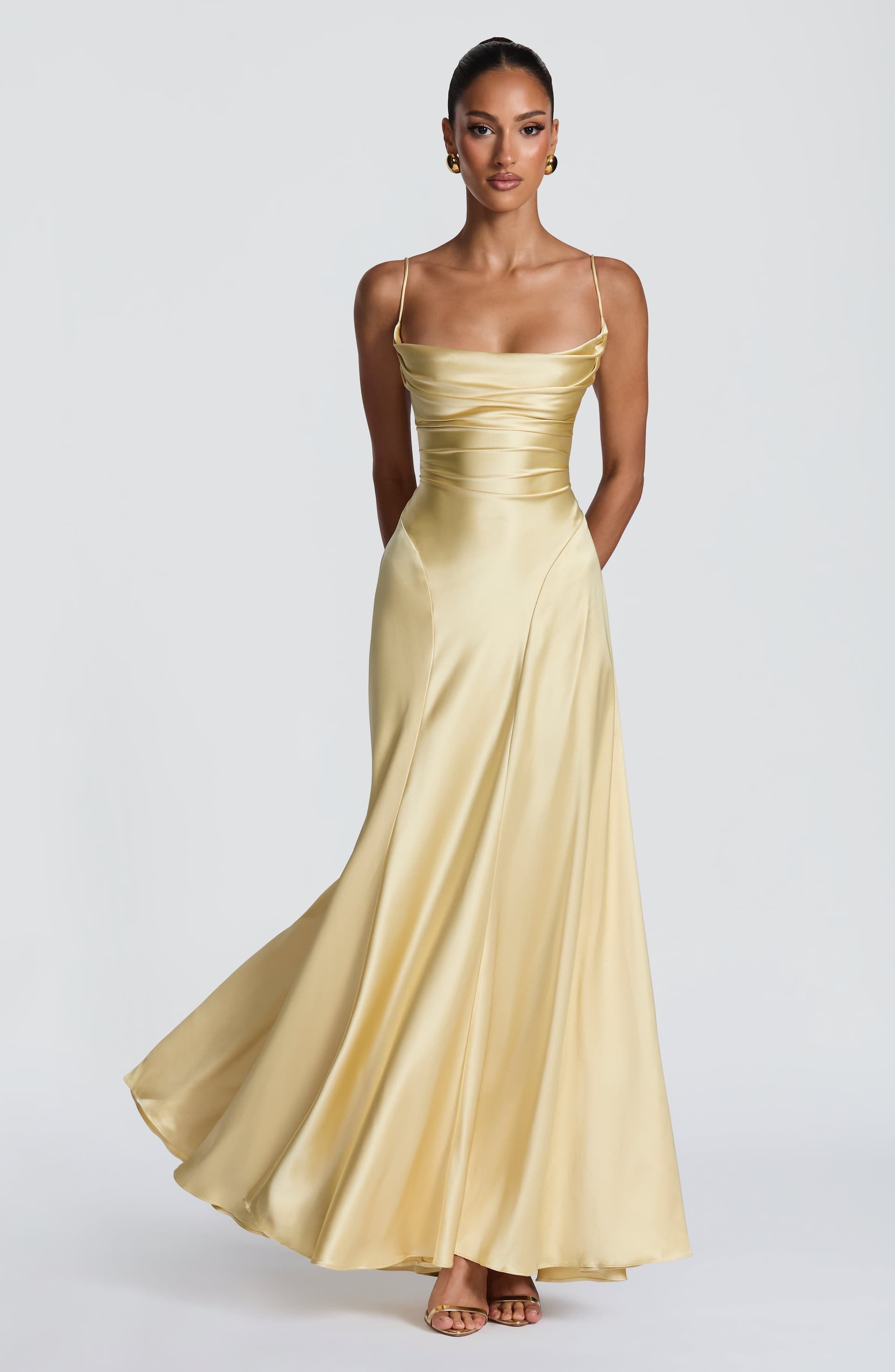 Adelina Lemon Maxi Dress - Satin Twist Cowl Neck Spaghetti Straps Lace-Up Back