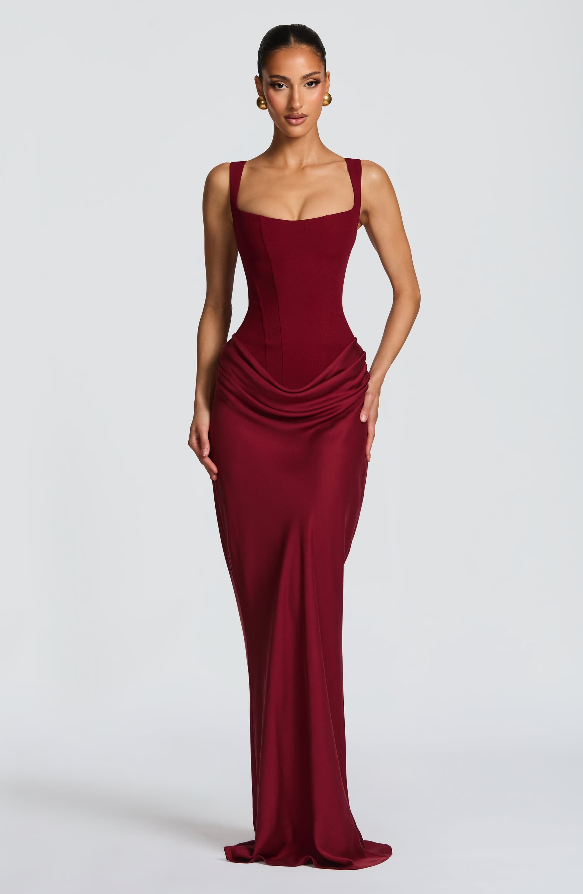 Cornelia Maxi Dress in Burgundy - Crepe Bodice Lyocell Skirt Square Neck Boned