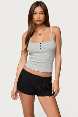 Striped Henley Tank Top with Adjustable Straps, Cotton Spandex Loungewear