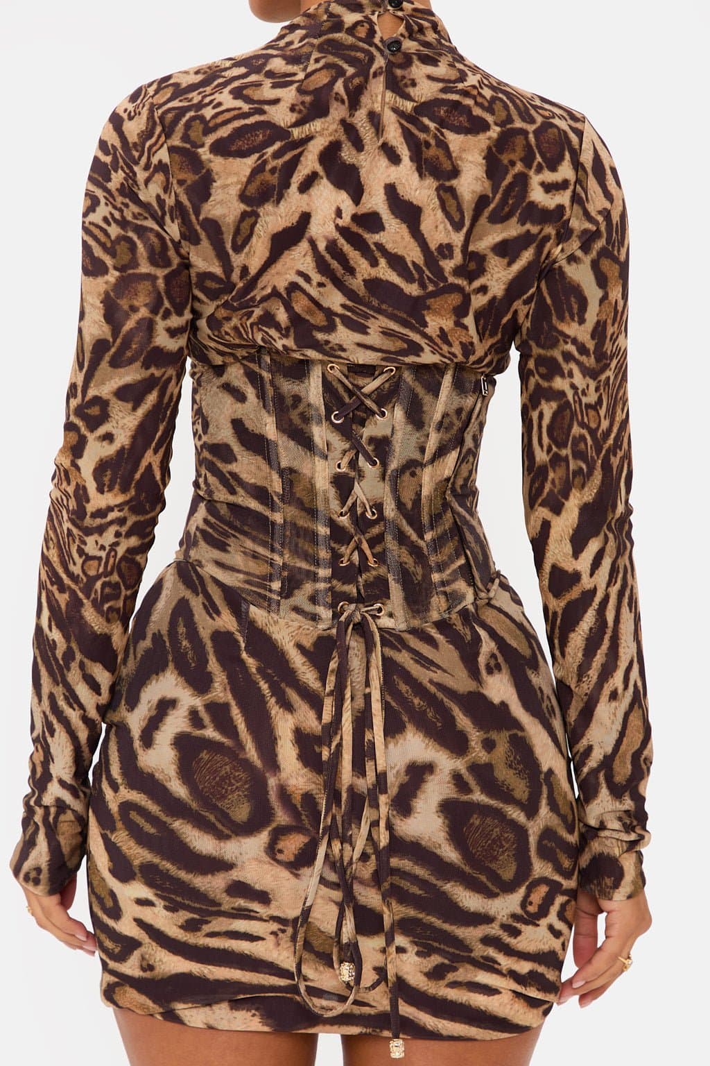 Dakota Mini Leopard Print Corset Mini Dress High Neck Long Sleeve