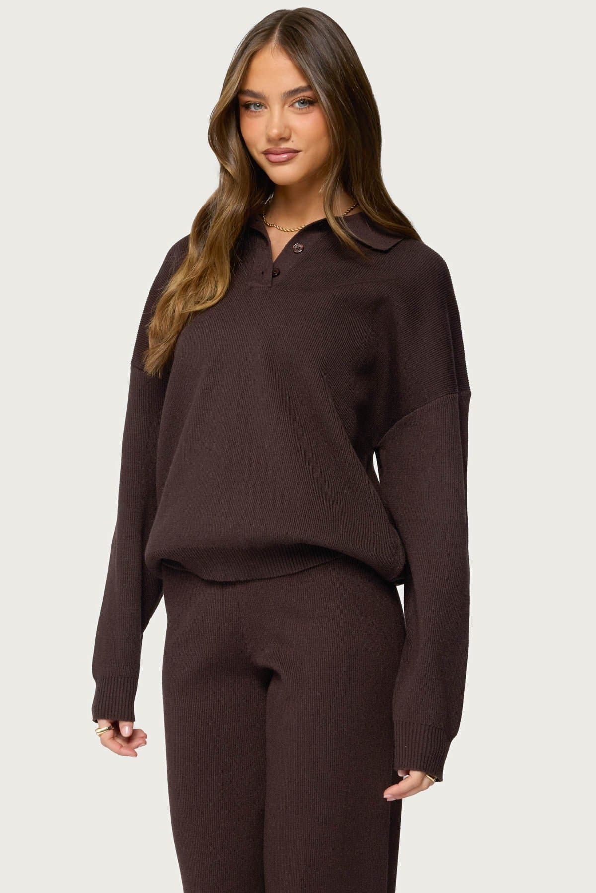 Lorie Oversized Knit Polo Sweater - Rayon Nylon Polyester Rugby Shirt