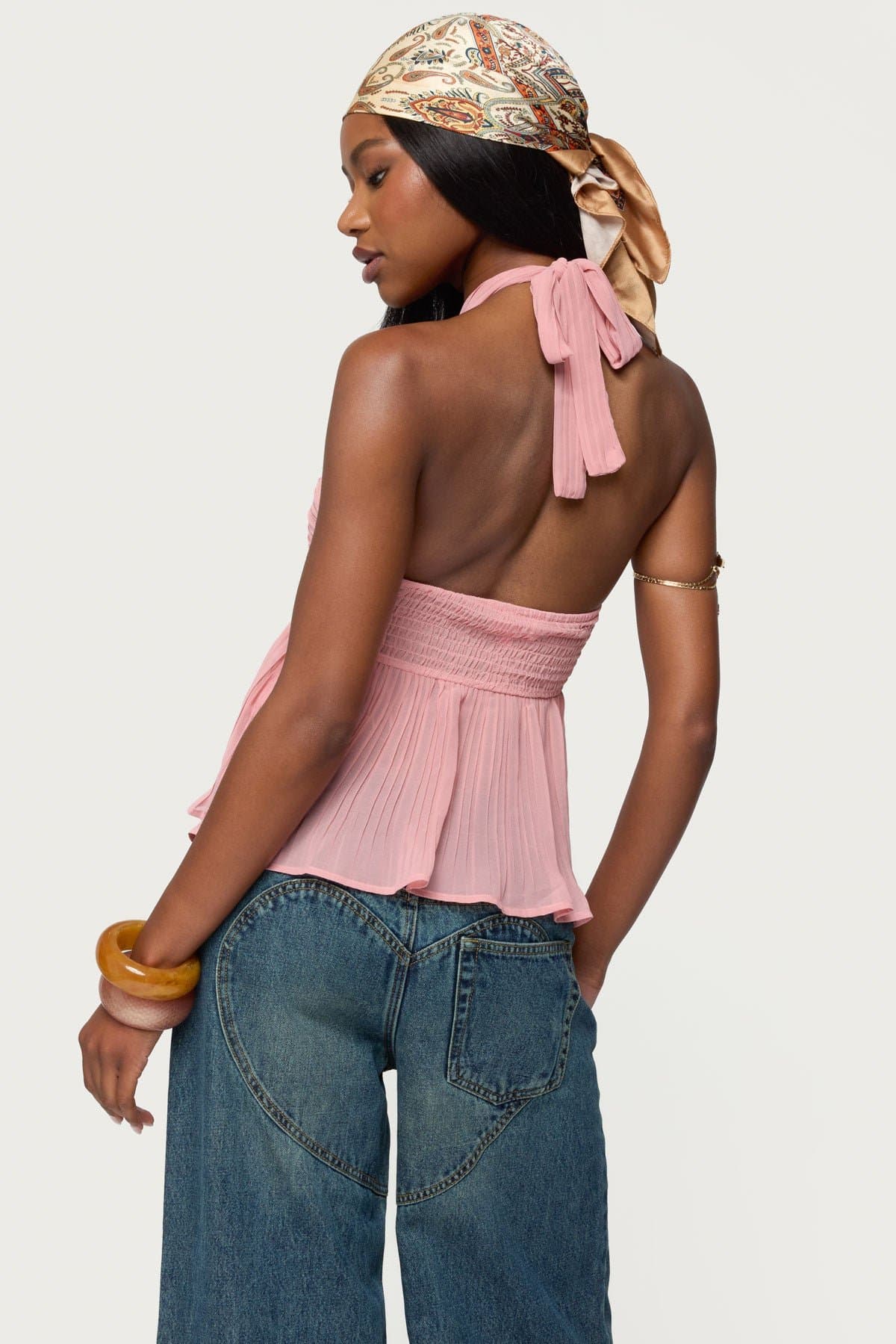 Pleated Chiffon Babydoll Halter Top - Twist Front Neck Tie Polyester