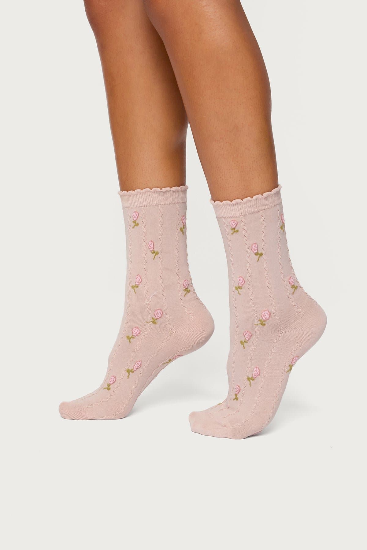 Embroidered Rose Socks with Frill Trim - Cotton Nylon Spandex Blend 11.4 Inch Length