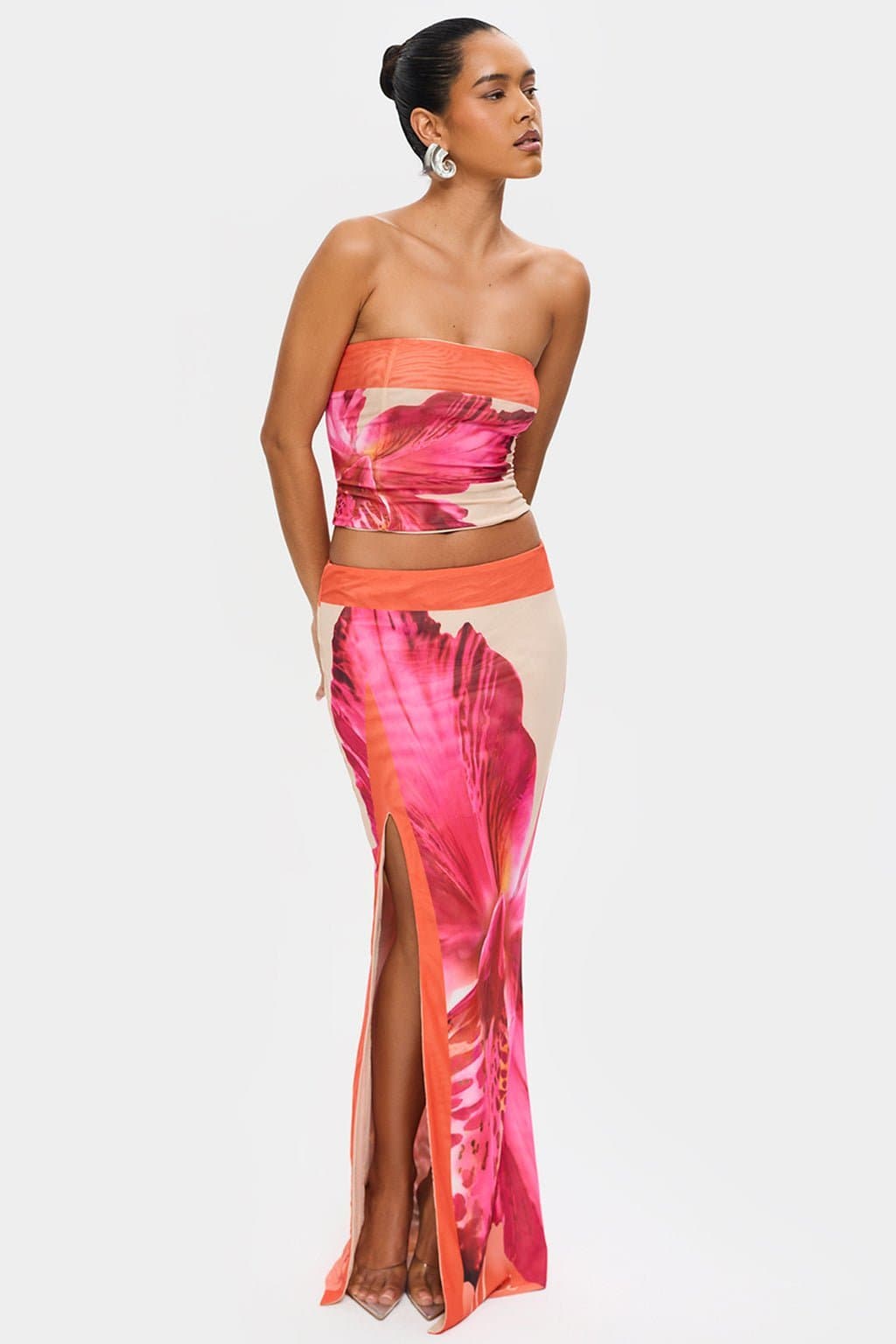 Havana Maxi Skirt with Bandeau Neckline, Lace Up Back, Double Layer Mesh, In-House Print