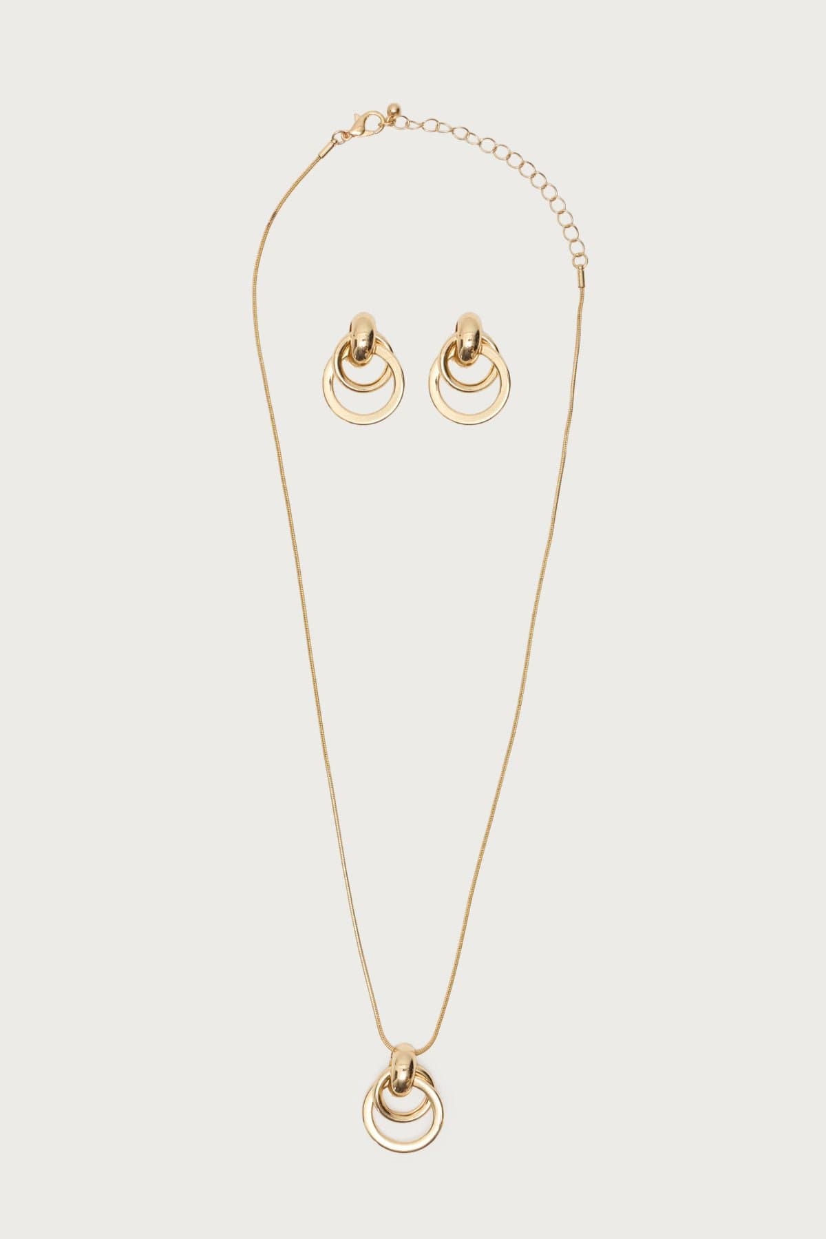 Paired Hoops Necklace & Earrings Set Gold Tone Metal Double Hoop Design 18.1 Inch