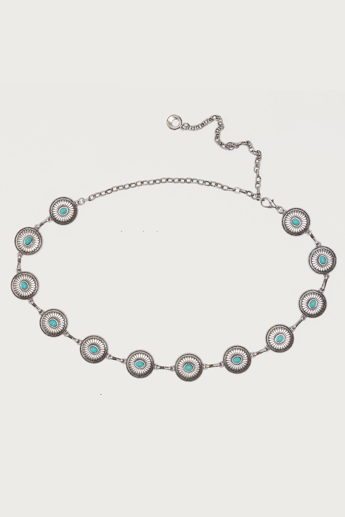 Hippie Chain Belt with Stone Pendant - Adjustable Silver Tone Metal 41.7in