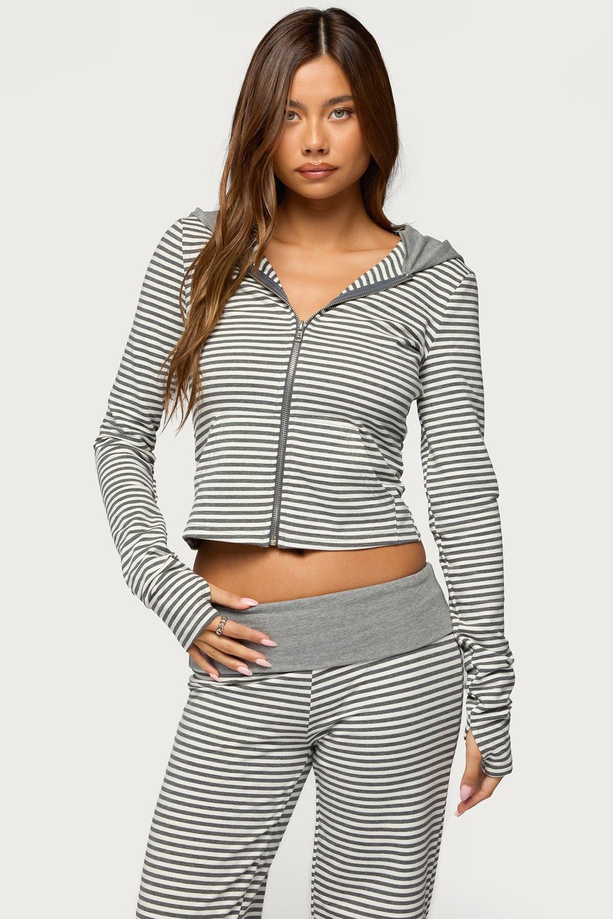 Meggy Striped Zip-Up Hoodie - Cotton Spandex Blend