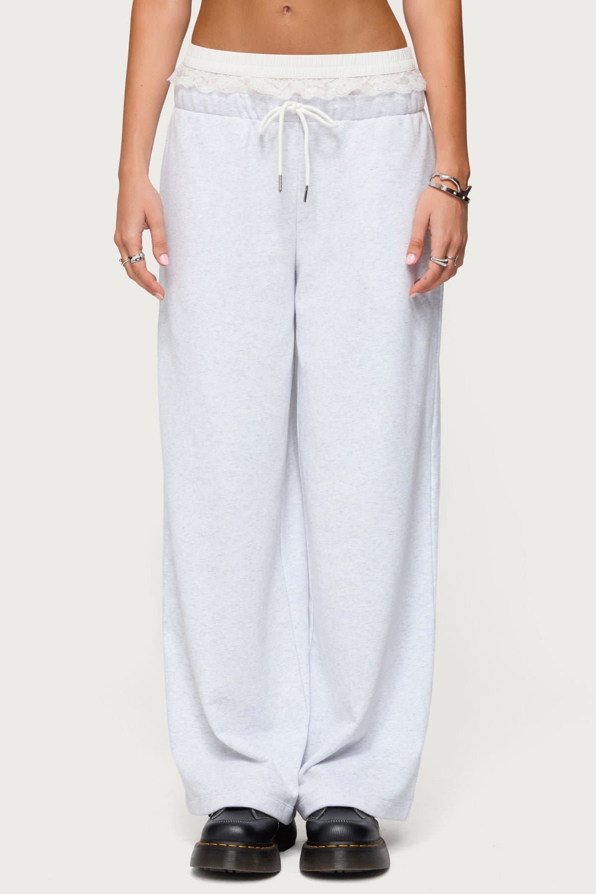 Tamia Peekaboo Ruffle Lace Sweatpants - Adjustable Tie Waist, Straight Leg, Polyester Cotton
