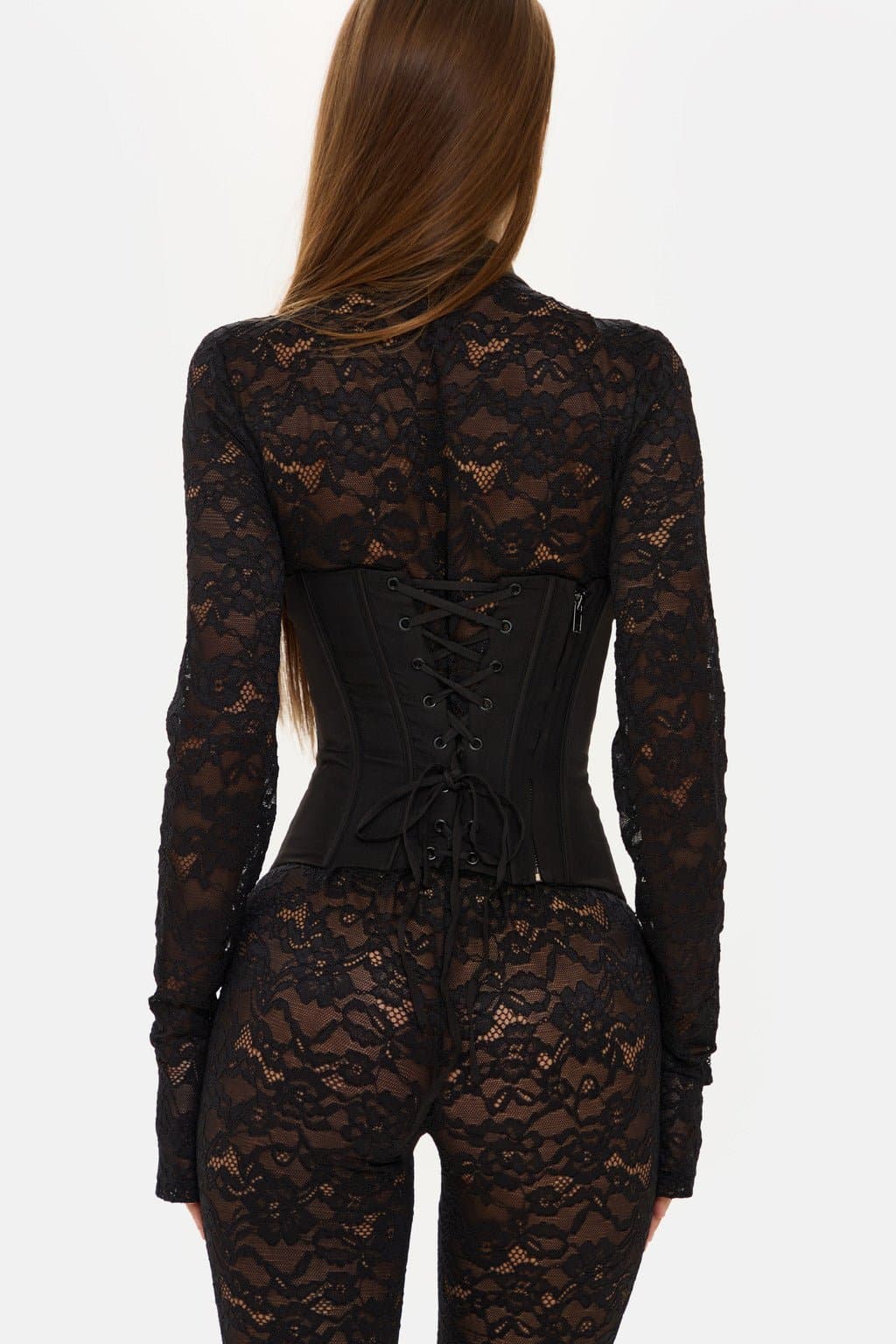 Jagger Long Sleeve Lace Capri Jumpsuit with High Neck and Corset Boning