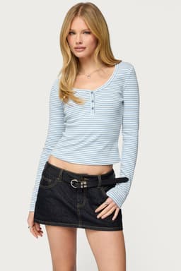 Jocelyn Striped Long Sleeve Top - Cotton Spandex Button Front