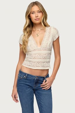 Avalee Sheer Lace V Neck Top - Cotton Nylon Spandex