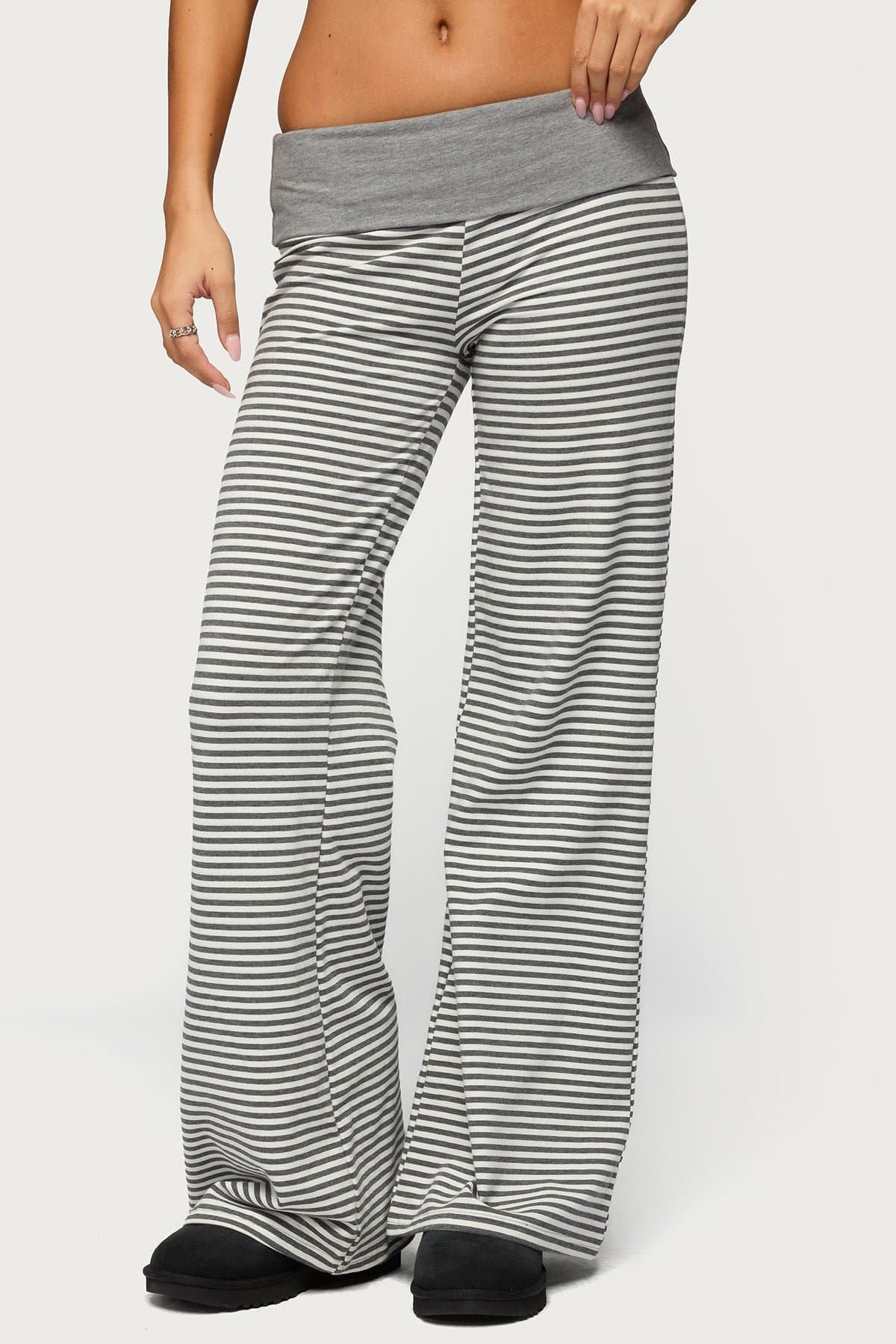 Meggy Striped Foldover Pants - Cotton Spandex, Contrast Waistband