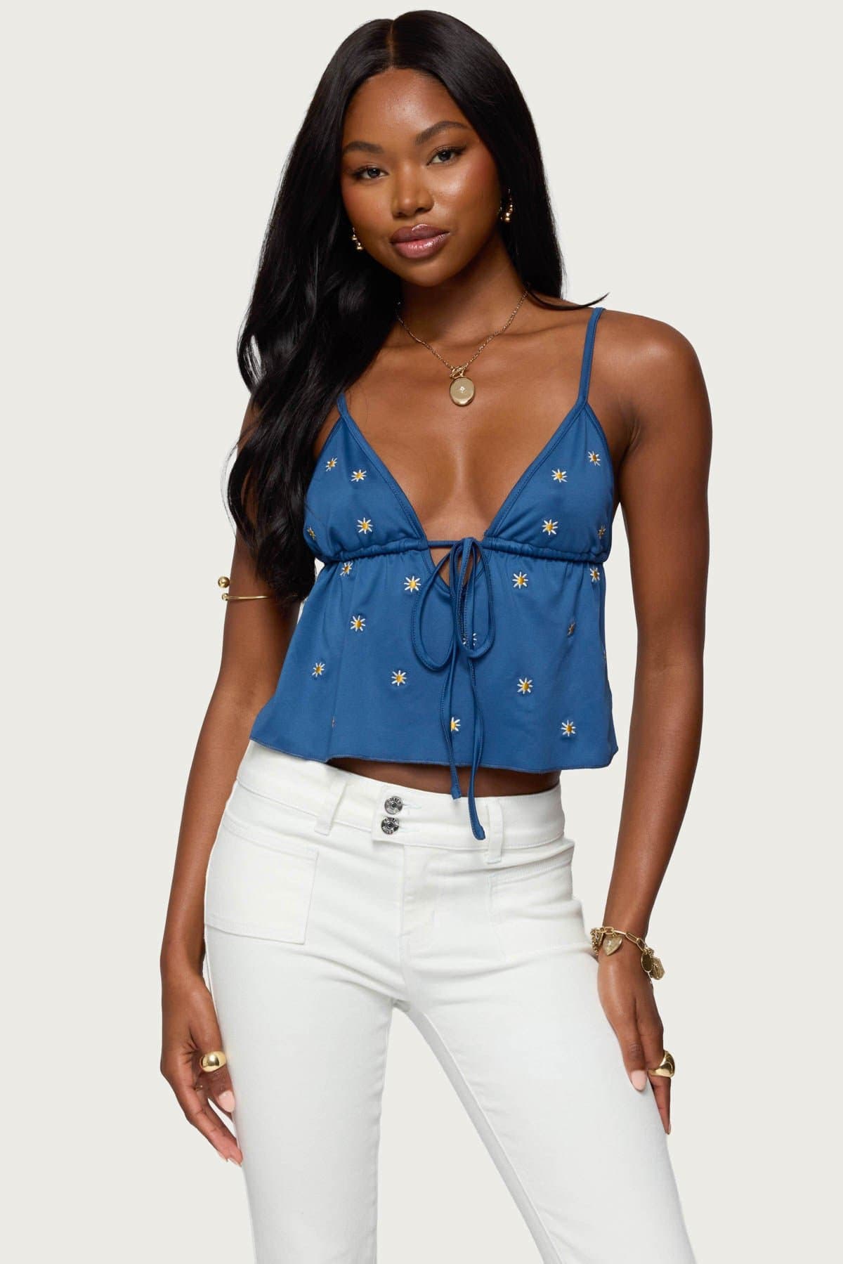 Soleil Embroidered Open Back Babydoll Top with Adjustable Straps - Polyamide Spandex