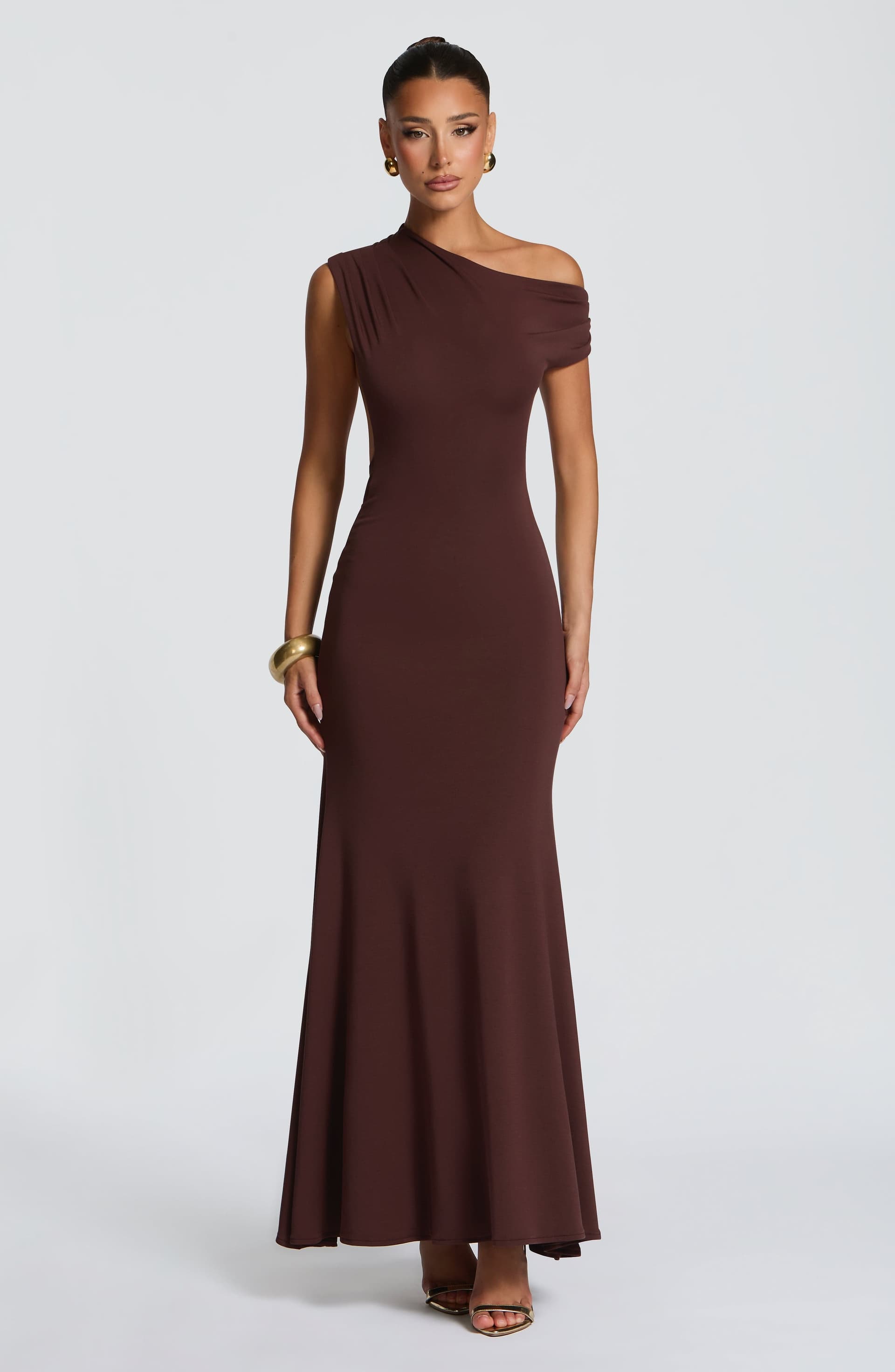 Fiora Maxi Dress in Plum Brown - Asymmetric Neckline Open Back Modal Jersey